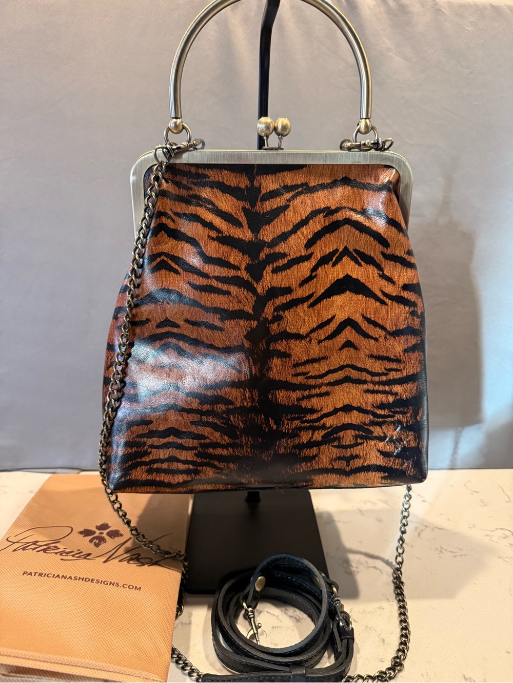 Patricia Nash Tiger-Print Mini Frame Bag in Brown and Black